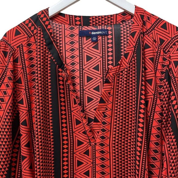 DENIM 24/7 Womens Top Plus Size 32W Coral Red Black Tunic Blouse Aztec Boho - Picture 3 of 13